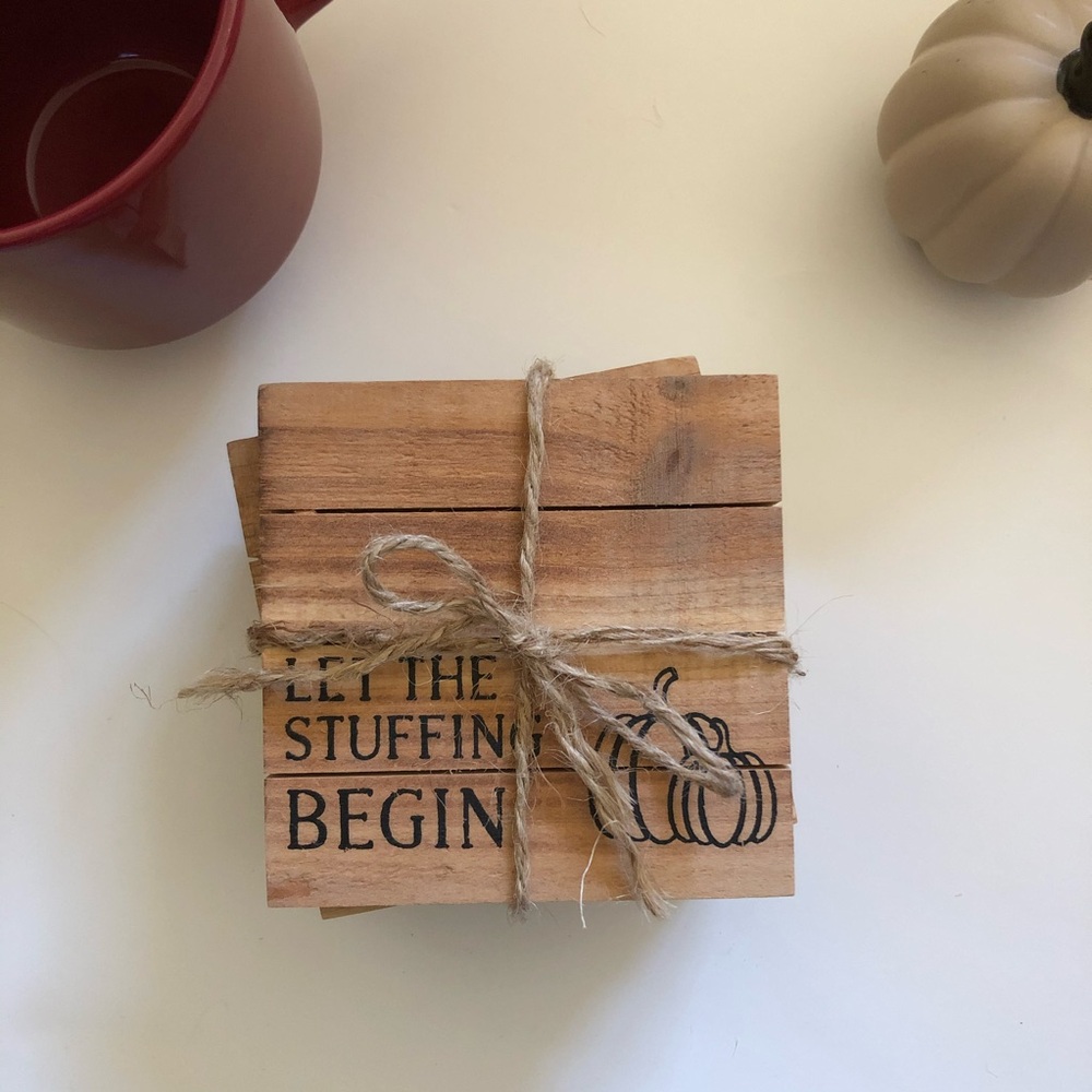 NWT Mudpie Let The Stuffing Begin Wooden Coaster (Pack of 4)